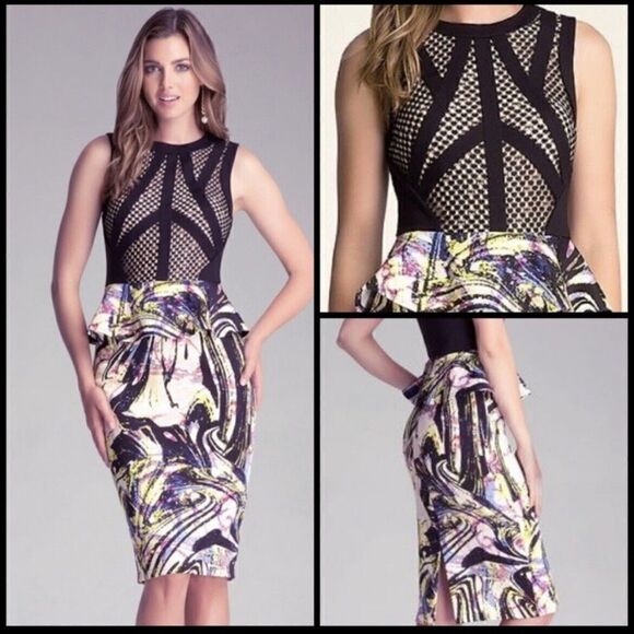 Bebe Bodycon Peplum Lace Neoprene Bright Colorful Midi Dress Sleeveless Black XS - Picture 8 of 16